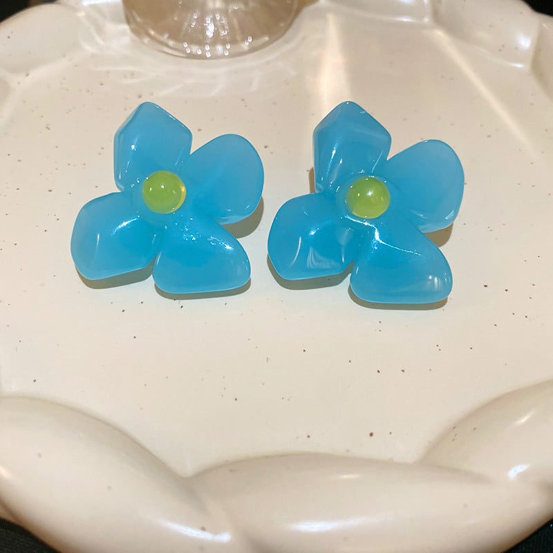 銀針小清新藍色米珠水晶花朵耳環甜美少女耳釘輕奢高級感耳飾