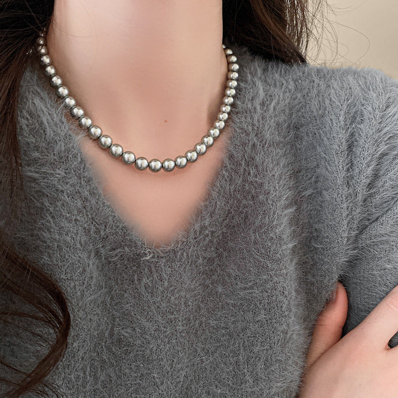 法式復古灰色珍珠項鍊小衆簡約設計感鎖骨鏈氣質輕奢高級感項飾女