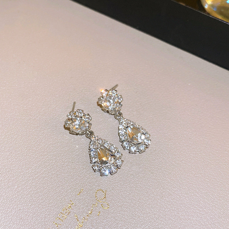 韓國東大門鑲鑽水滴耳環項鍊兩件套輕奢小衆鎖骨鏈個性冷淡風項飾