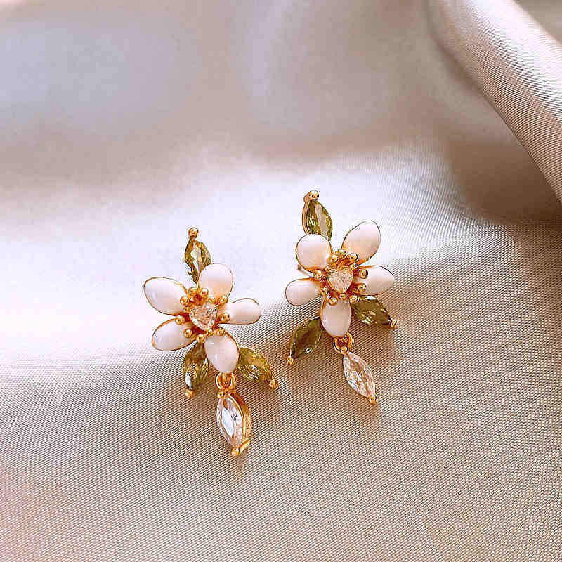 歐美跨境綠色鋯石花朵幾何耳釘氣質百搭耳環輕奢高級感耳飾設計感