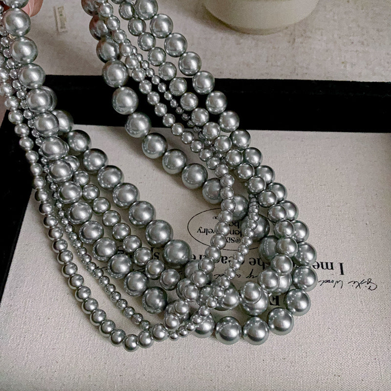 法式復古灰色珍珠項鍊小衆簡約設計感鎖骨鏈氣質輕奢高級感項飾女