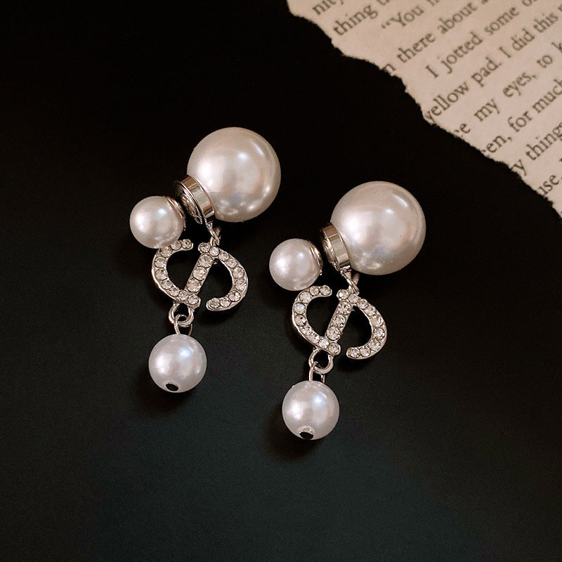 銀針法式復古字母豬鼻子土星珍珠耳環一款兩戴耳釘輕奢高級感耳飾
