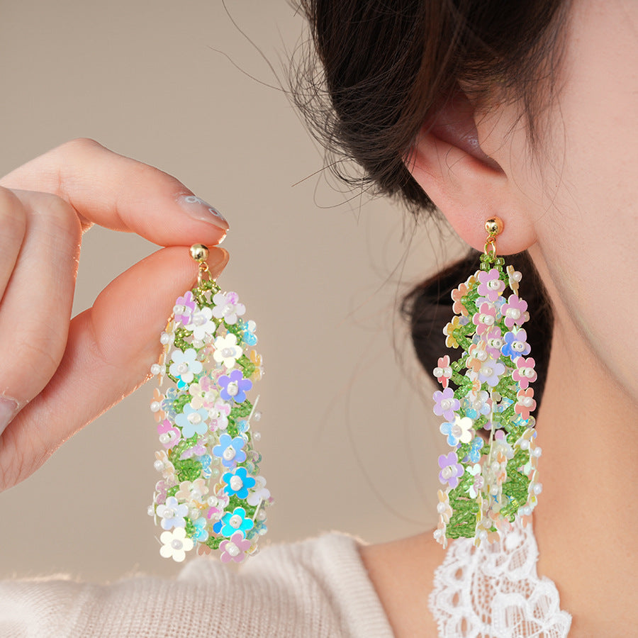 銀針森系米珠編織亮片花朵流蘇耳環超仙度假風耳墜小衆高級感耳飾