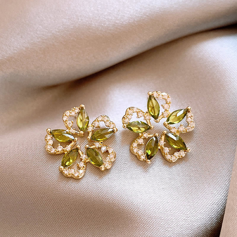 歐美跨境綠色鋯石花朵幾何耳釘氣質百搭耳環輕奢高級感耳飾設計感