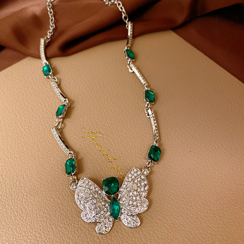 銀針中古vintage綠色鑲鑽蝴蝶珍珠耳環氣質耳墜復古高級感耳飾女