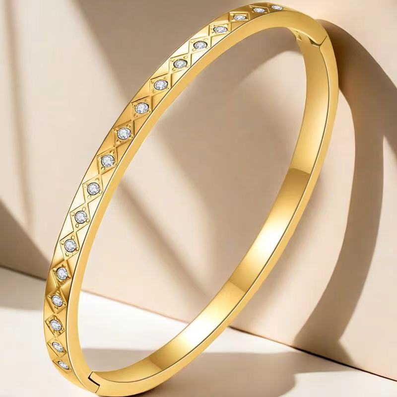 鈦鋼手鐲菱形電鍍圓形不鏽鋼手鐲女生高級感時尚輕奢風不掉色手環