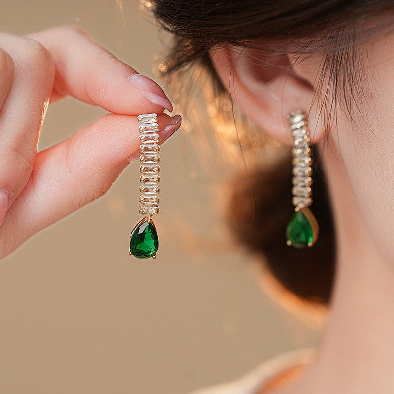 歐美跨境綠色鋯石花朵幾何耳釘氣質百搭耳環輕奢高級感耳飾設計感