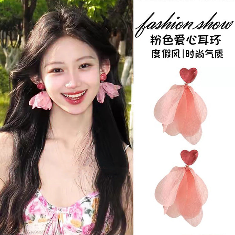 銀針時尚度假風網紗花朵愛心耳環甜美少女心耳釘簡約小清新耳飾女