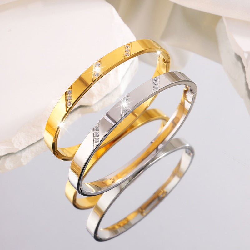 鈦鋼手鐲斜紋鑲鑽不鏽鋼手鐲女生高級感韓版時尚簡約不掉色手環