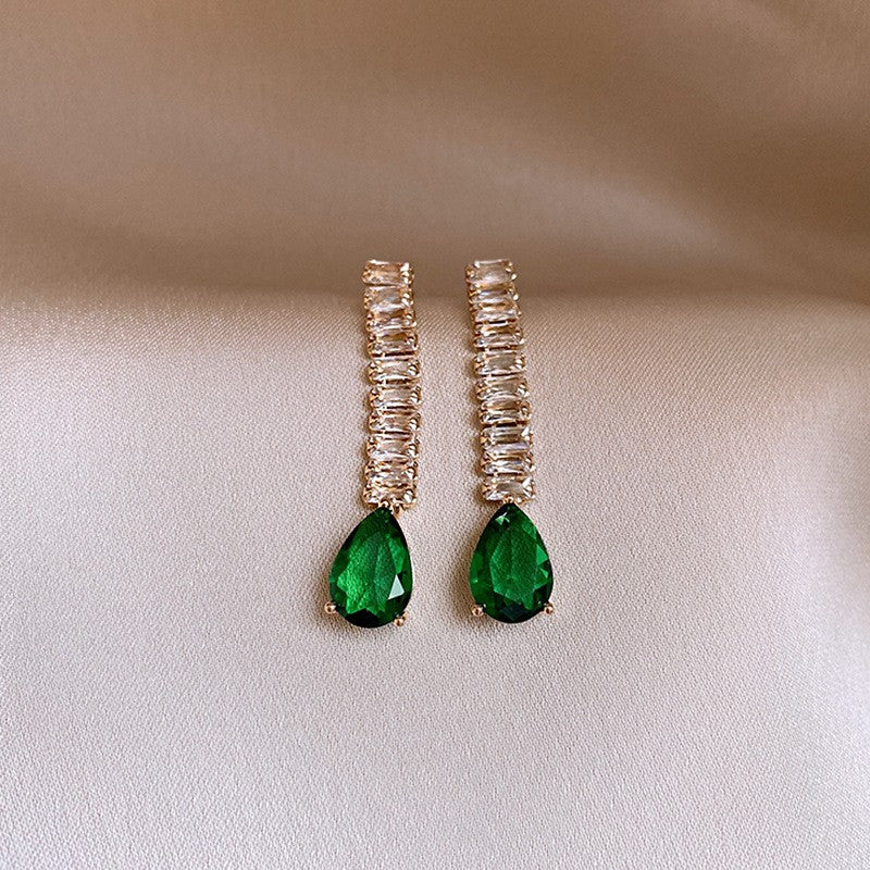 歐美跨境綠色鋯石花朵幾何耳釘氣質百搭耳環輕奢高級感耳飾設計感