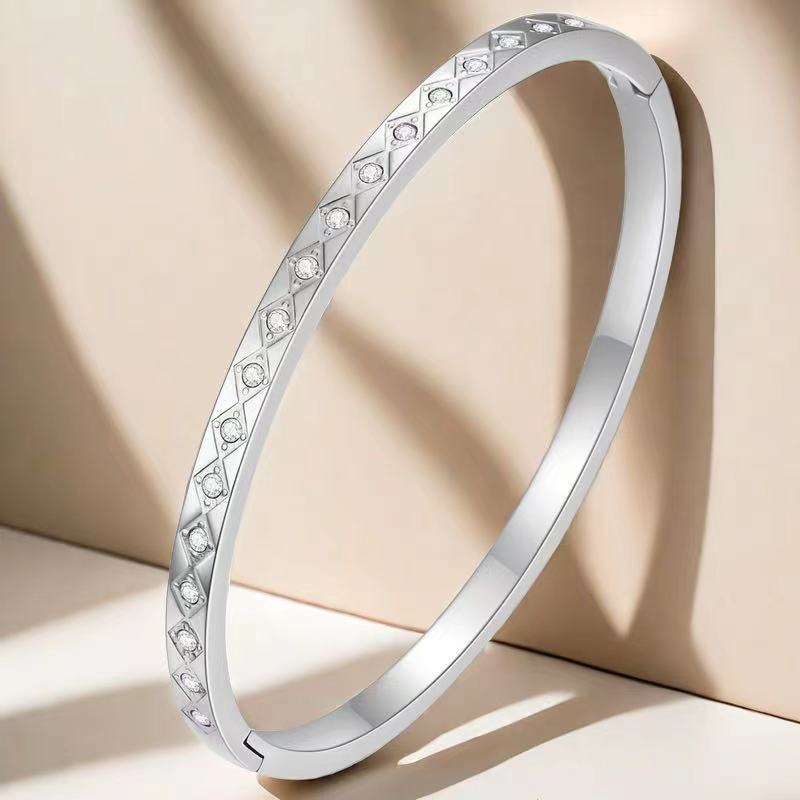 鈦鋼手鐲菱形電鍍圓形不鏽鋼手鐲女生高級感時尚輕奢風不掉色手環