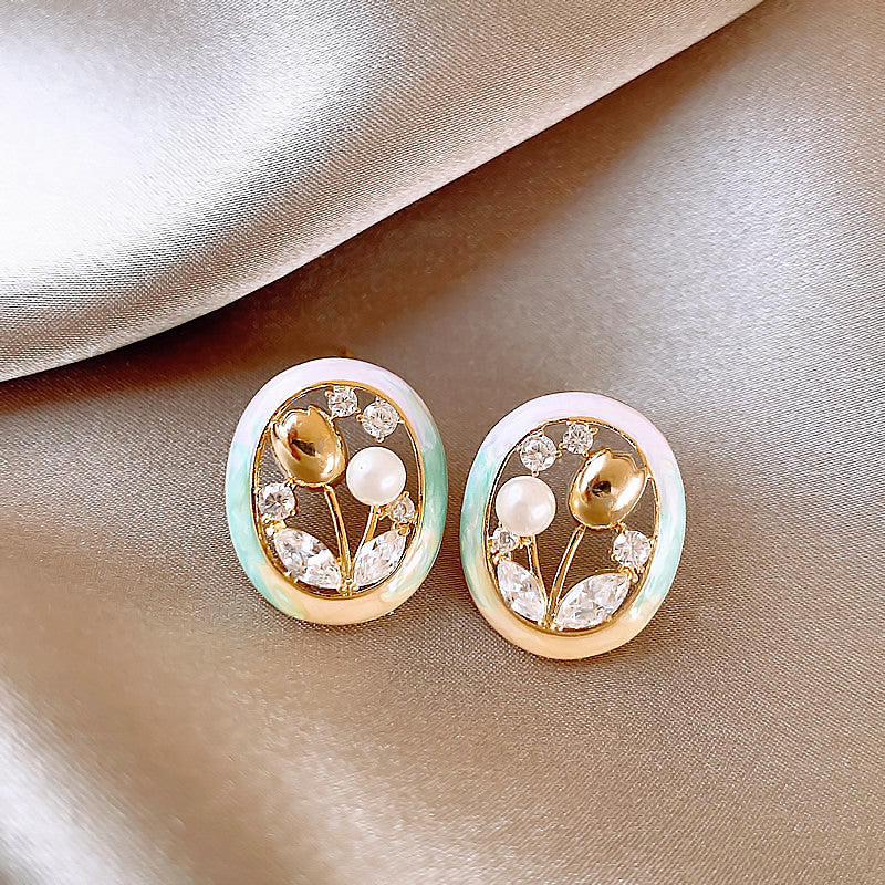 莫奈花園油畫風愛心花朵珍珠耳環時尚氣質耳釘法式甜美小清新耳飾