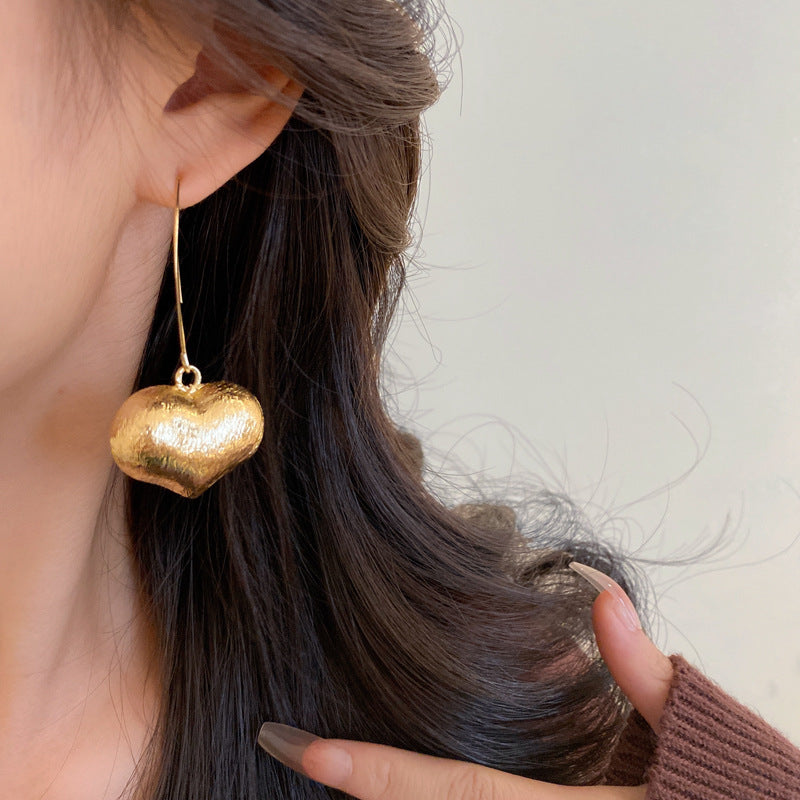 銀針歐美輕奢金屬風拉絲方形愛心耳環女網紅個性幾何耳釘時尚耳飾