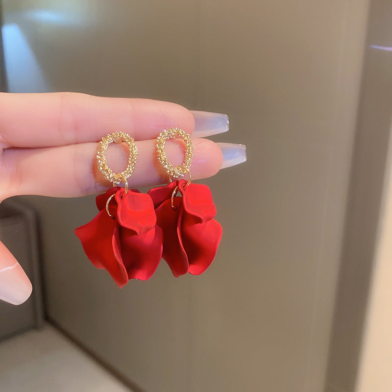 浪漫烏托邦安可拉紅色花朵流蘇耳釘氛圍感長款耳釘輕奢高級感耳飾