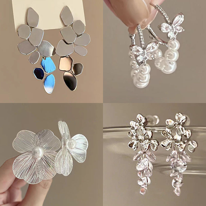 銀針跨境冷淡風銀色鑲鑽鋯石花朵珍珠耳環長款流蘇耳釘高級感耳飾