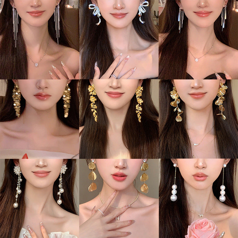 銀針歐美金屬風珍珠蝴蝶花朵流蘇耳釘小衆個性耳環時尚誇張耳飾女