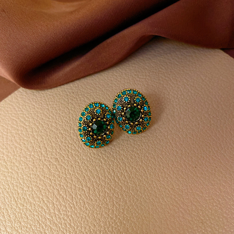 銀針中古vintage綠色鑲鑽蝴蝶珍珠耳環氣質耳墜復古高級感耳飾女