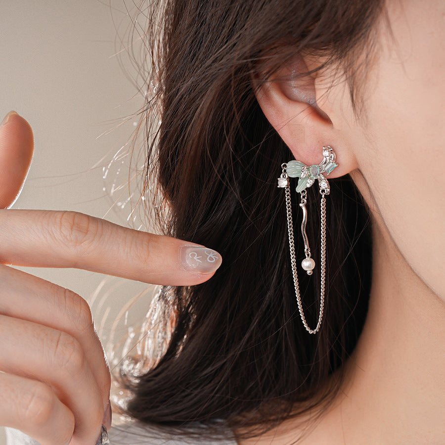 銀針小清新綠色樹脂鋯石蝴蝶流蘇耳釘甜美個性耳環輕奢高級感耳飾