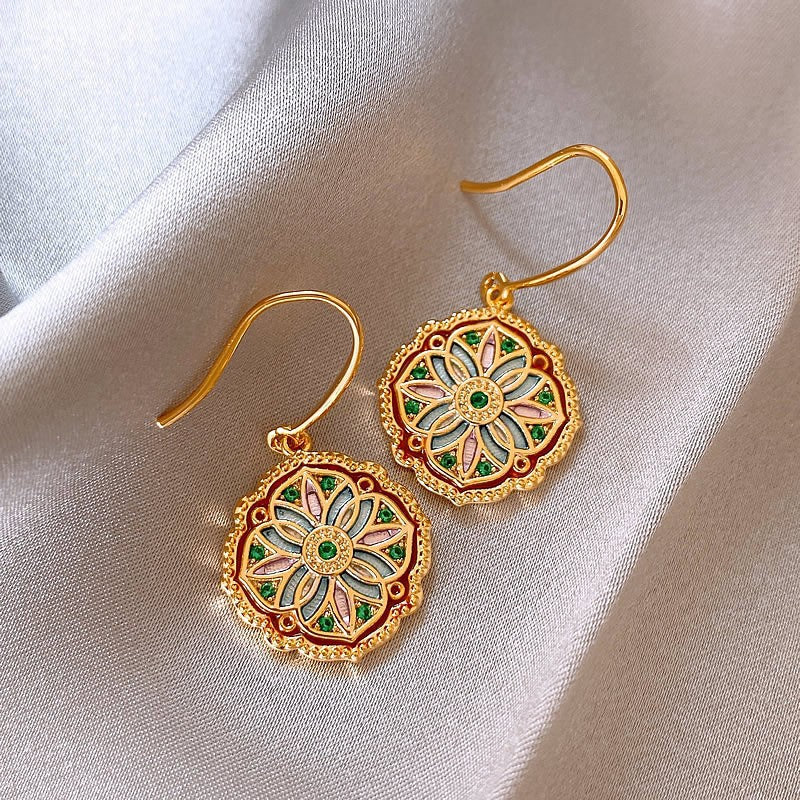 歐美跨境綠色鋯石花朵幾何耳釘氣質百搭耳環輕奢高級感耳飾設計感
