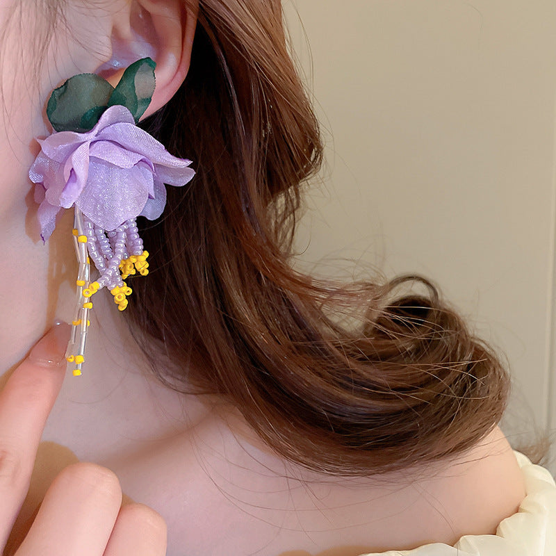 銀針時尚度假風網紗花朵愛心耳環甜美少女心耳釘簡約小清新耳飾女