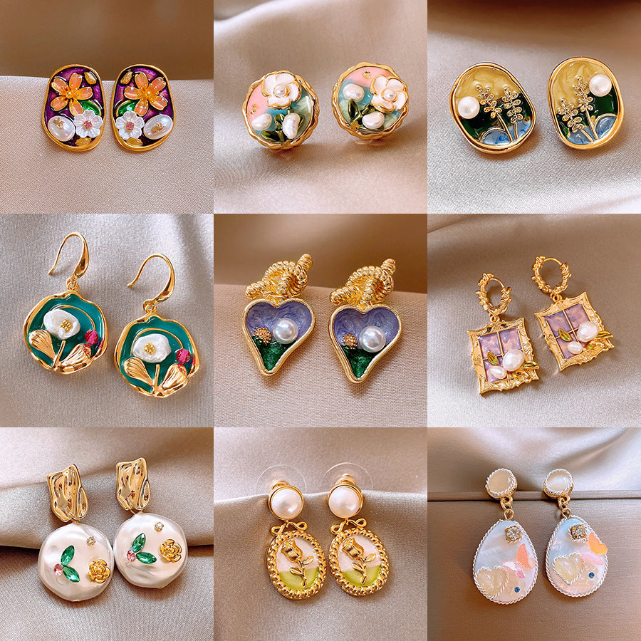 莫奈花園油畫風愛心花朵珍珠耳環時尚氣質耳釘法式甜美小清新耳飾