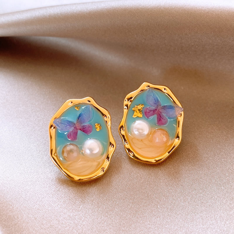 莫奈花園油畫風愛心花朵珍珠耳環時尚氣質耳釘法式甜美小清新耳飾