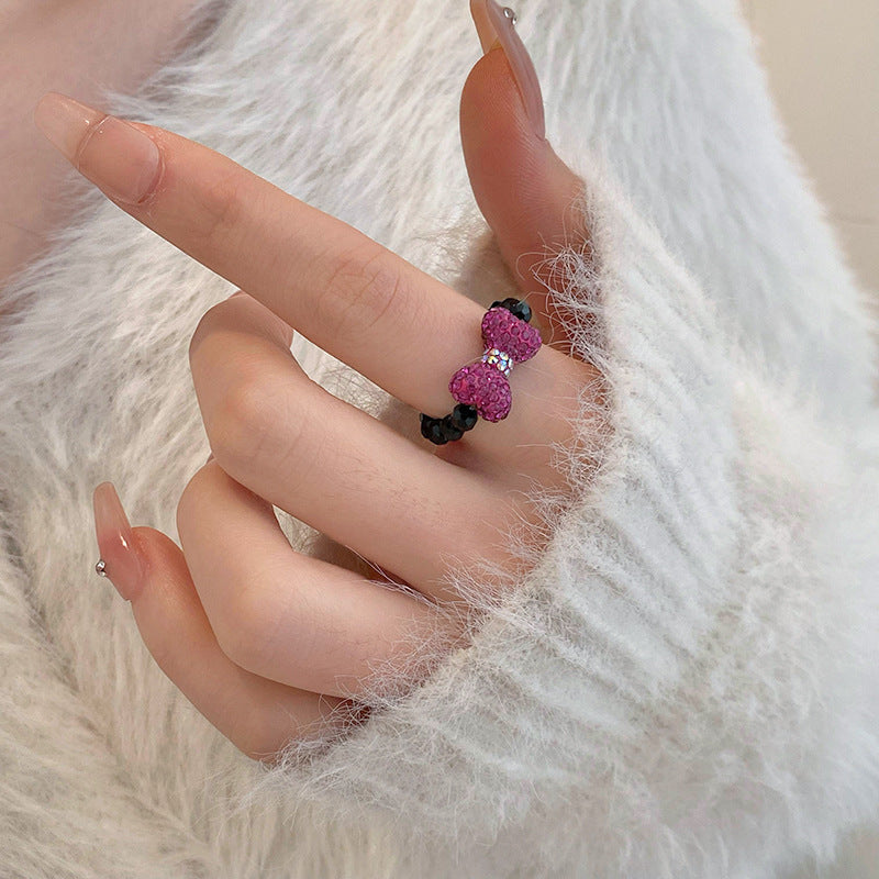 鑲鑽蝴蝶結水晶戒指甜美可愛少女心食指戒小衆時尚高級感手飾