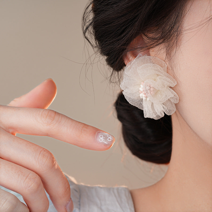 銀針波西米亞粉色網紗花朵耳環時尚甜美百搭學生耳飾小清新度假風耳飾