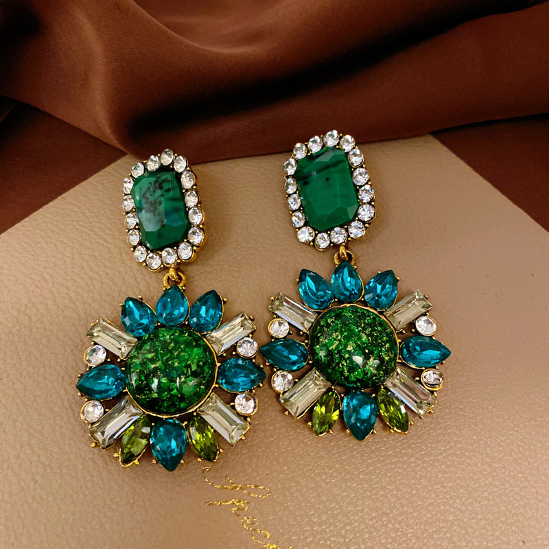 銀針中古vintage綠色鑲鑽蝴蝶珍珠耳環氣質耳墜復古高級感耳飾女