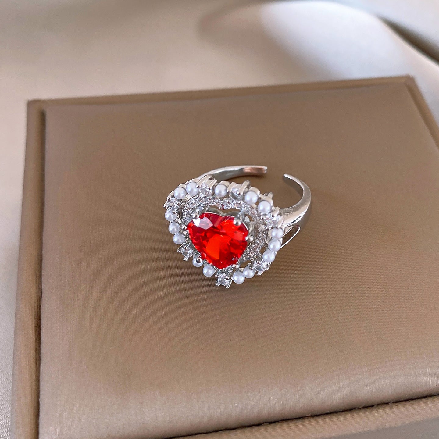 韓國氣質鋯石愛心珍珠戒指輕奢高級感食指戒女精緻手飾設計感小衆