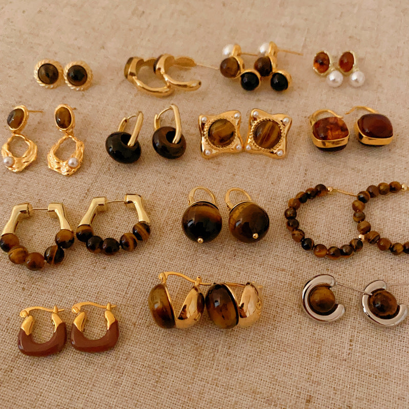 銀針小衆復古C形人造虎眼石耳環氣質設計感耳釘輕奢高級感耳飾女