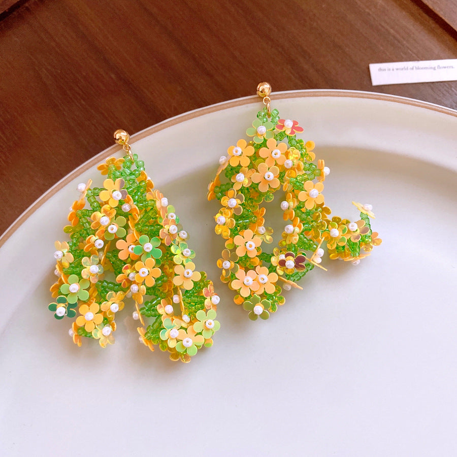 銀針森系米珠編織亮片花朵流蘇耳環超仙度假風耳墜小衆高級感耳飾