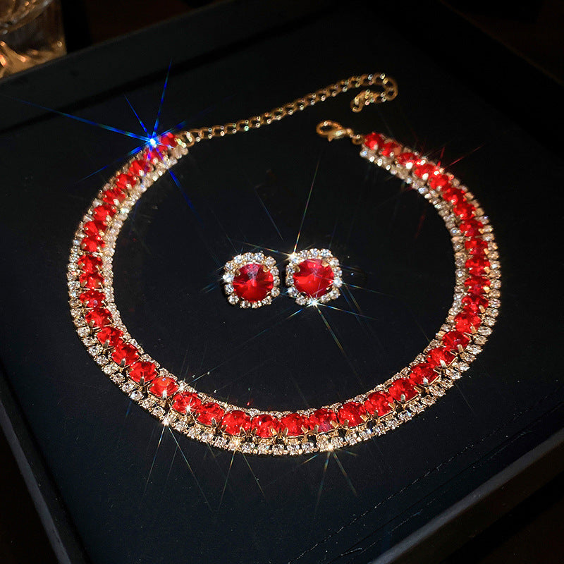 復古輕奢祖母綠鑲鑽方形項鍊2件套時尚小衆鎖骨鏈時尚高級感項飾