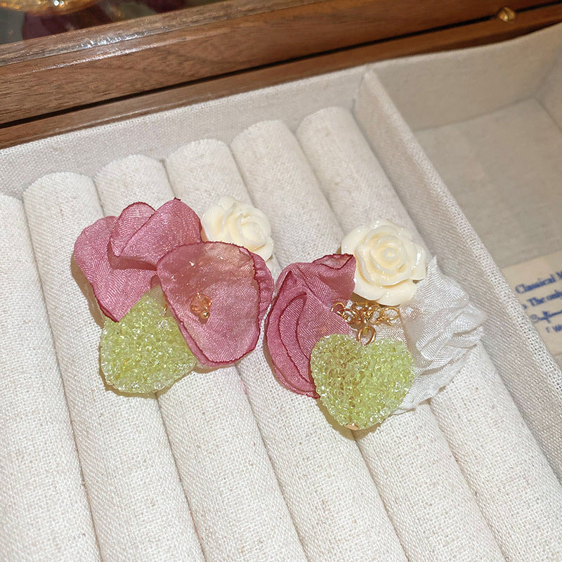 銀針時尚度假風網紗花朵愛心耳環甜美少女心耳釘簡約小清新耳飾女