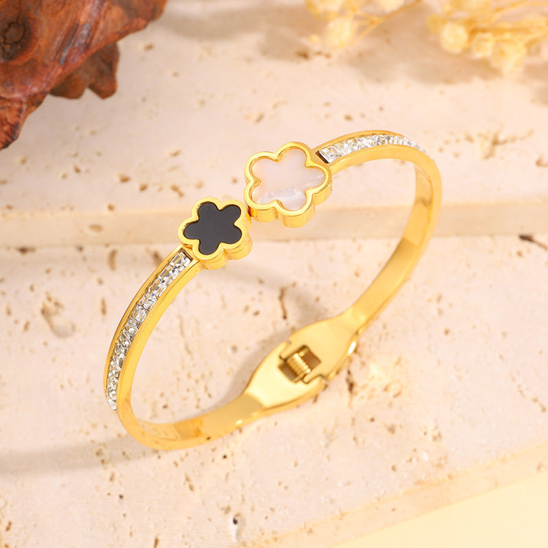 韓版黑白五瓣花排鑽鈦鋼手鐲女簡約開口設計不褪色百搭手鐲飾品