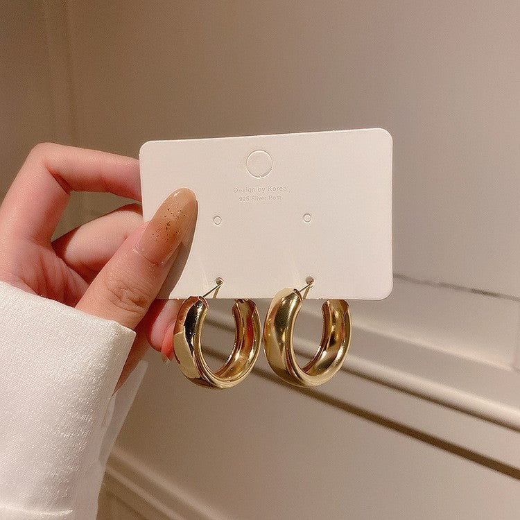 銀針歐美跨境金屬風素圈幾何耳圈氣質個性耳釘耳環誇張高級感耳飾