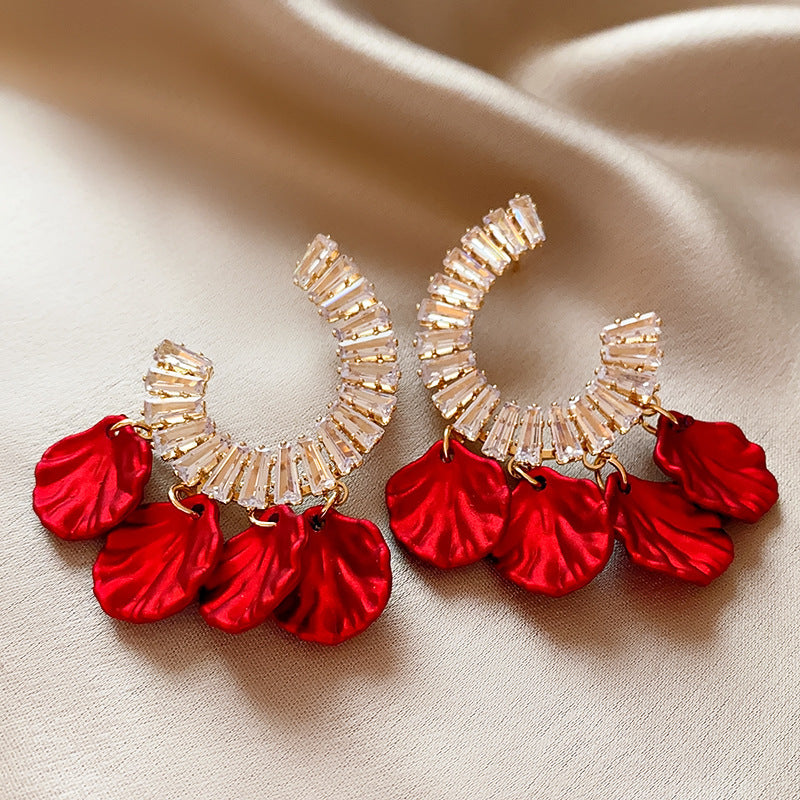 銀針歐美輕奢人造鋯石水晶款愛心耳釘時尚宮廷風耳環高級感耳飾女