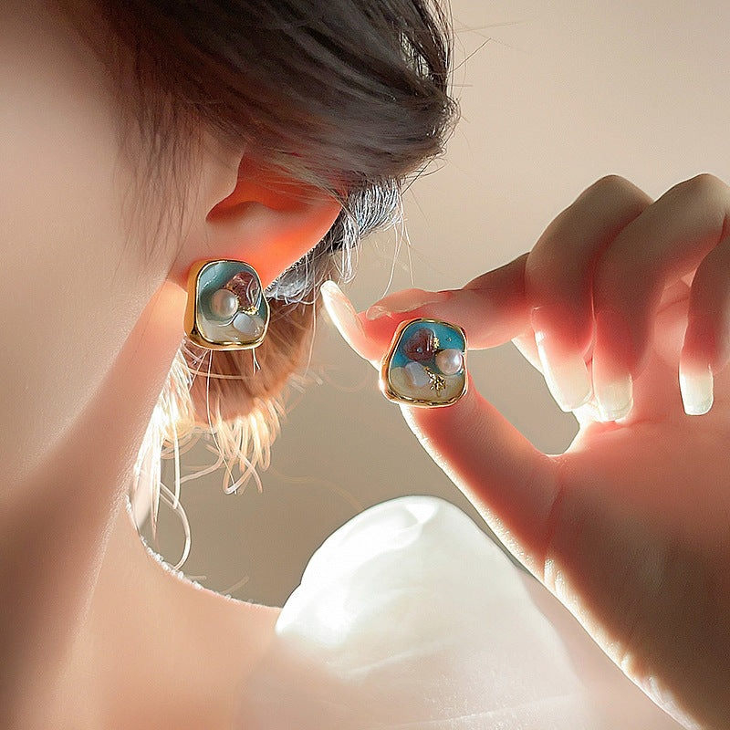 莫奈花園油畫風愛心花朵珍珠耳環時尚氣質耳釘法式甜美小清新耳飾