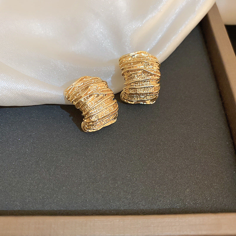 跨境銀針金屬風褶皺圓形幾何豆豆耳釘時尚氣質耳環歐美時尚耳飾女