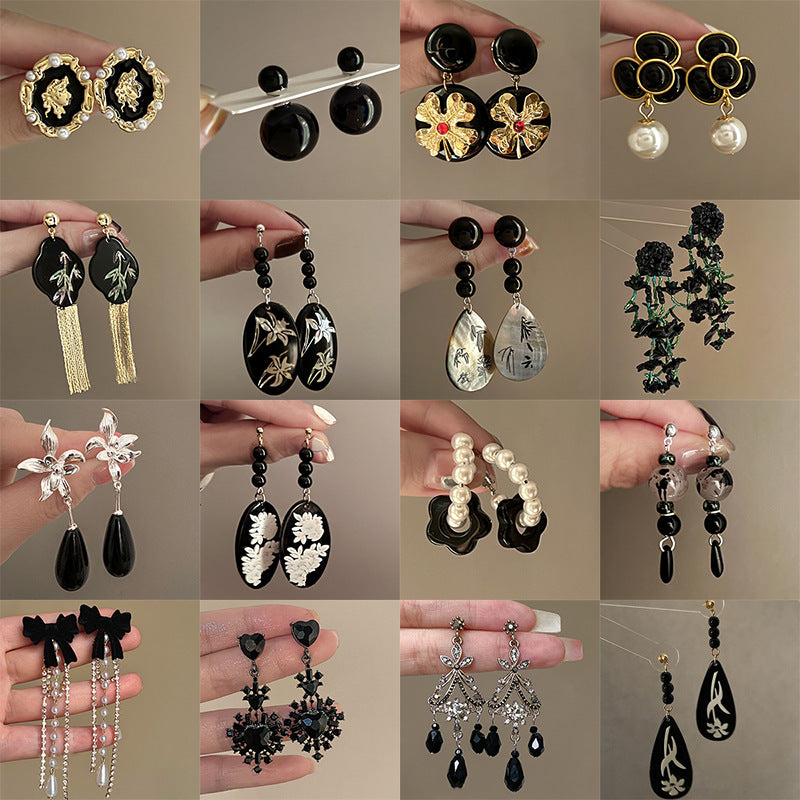 銀針新中式黑色系竹子花朵珍珠流蘇耳環氣質百搭耳釘高級感耳飾女
