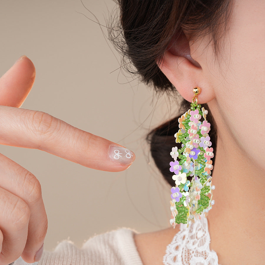銀針森系米珠編織亮片花朵流蘇耳環超仙度假風耳墜小衆高級感耳飾