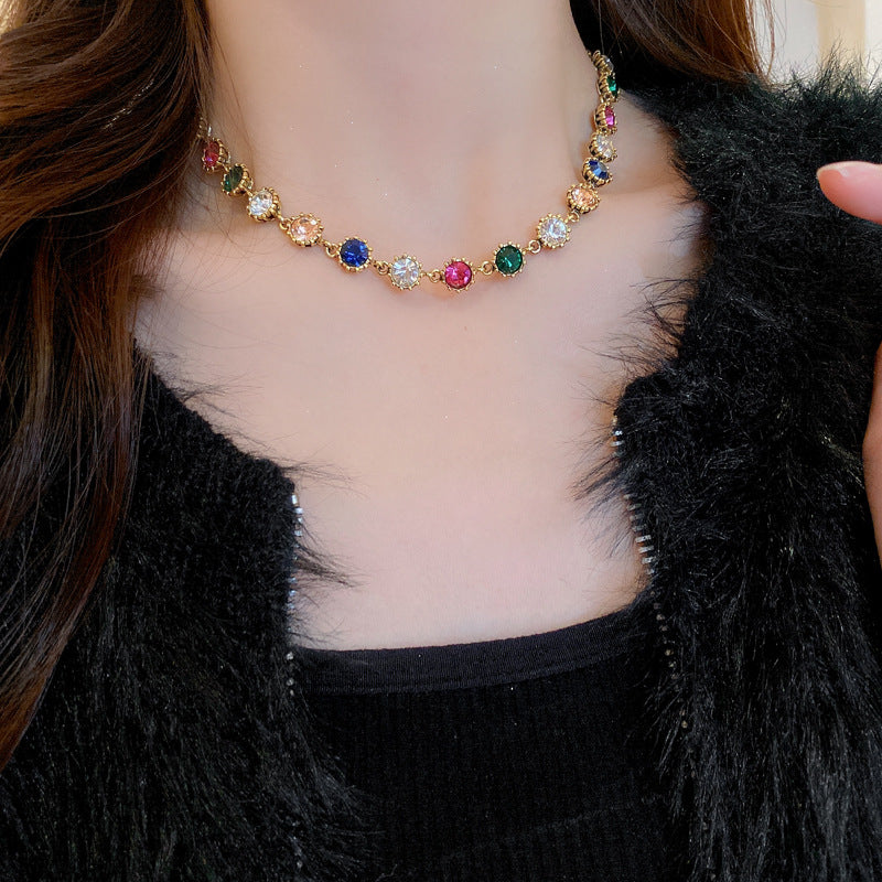 歐美誇張設計彩色鑲鑽項鍊宮廷風個性氣質鎖骨鏈老虎頭復古項飾女