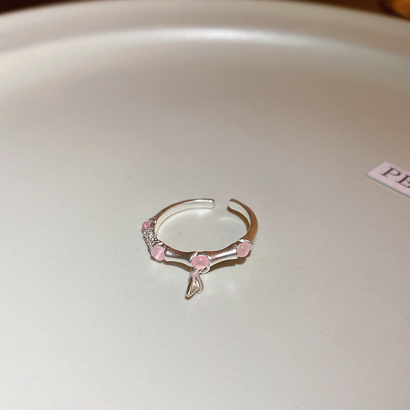 彩色方形鋯石花朵雙環開口戒指日韓小衆甜美食指戒潮流時尚手飾女