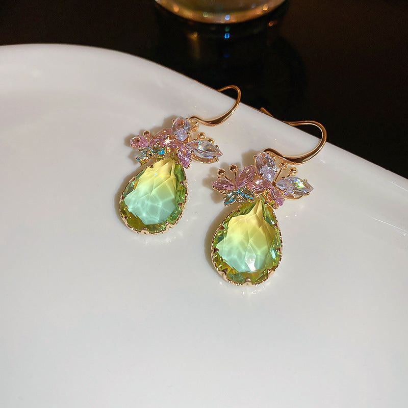 歐美跨境綠色鋯石花朵幾何耳釘氣質百搭耳環輕奢高級感耳飾設計感