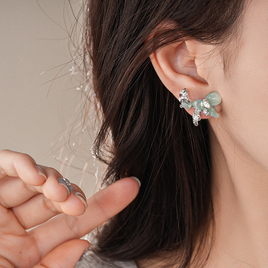銀針小清新綠色樹脂鋯石蝴蝶流蘇耳釘甜美個性耳環輕奢高級感耳飾