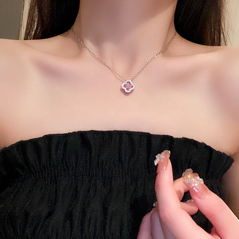 網紅粉色甜美氣質鋯石花朵項鍊韓國小衆百搭鎖骨鏈時尚輕奢項飾女