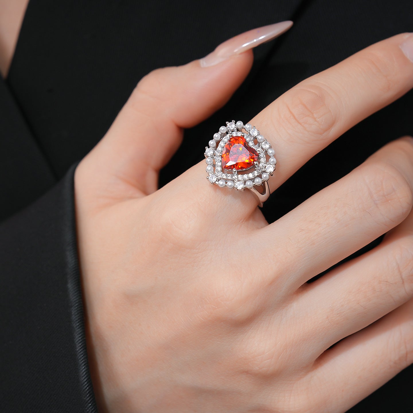 韓國氣質鋯石愛心珍珠戒指輕奢高級感食指戒女精緻手飾設計感小衆