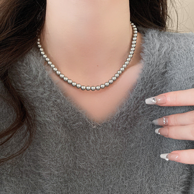 法式復古灰色珍珠項鍊小衆簡約設計感鎖骨鏈氣質輕奢高級感項飾女