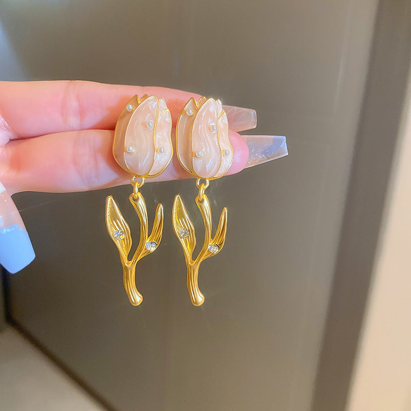 莫奈花園油畫風愛心花朵珍珠耳環時尚氣質耳釘法式甜美小清新耳飾