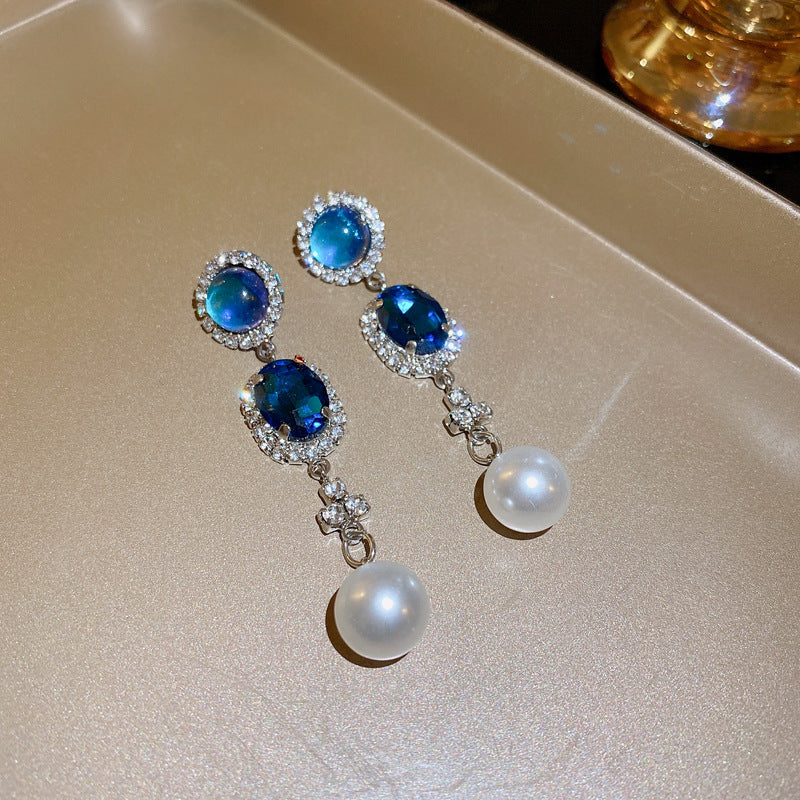 復古藍色鑲鑽珍珠流蘇項鍊法式復古宮廷風鎖骨鏈輕奢高級感項飾女